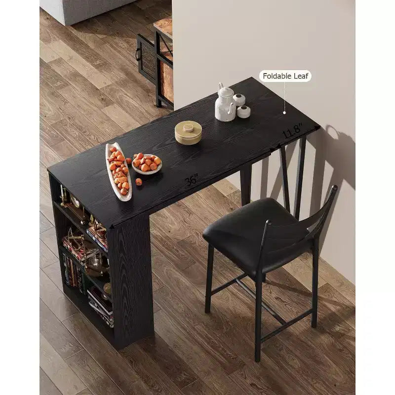 3-delige bartafelset voor 2 personen, bartafel- en stoelenset met opklapbare verlenging, eettafelset met opbergplanken
