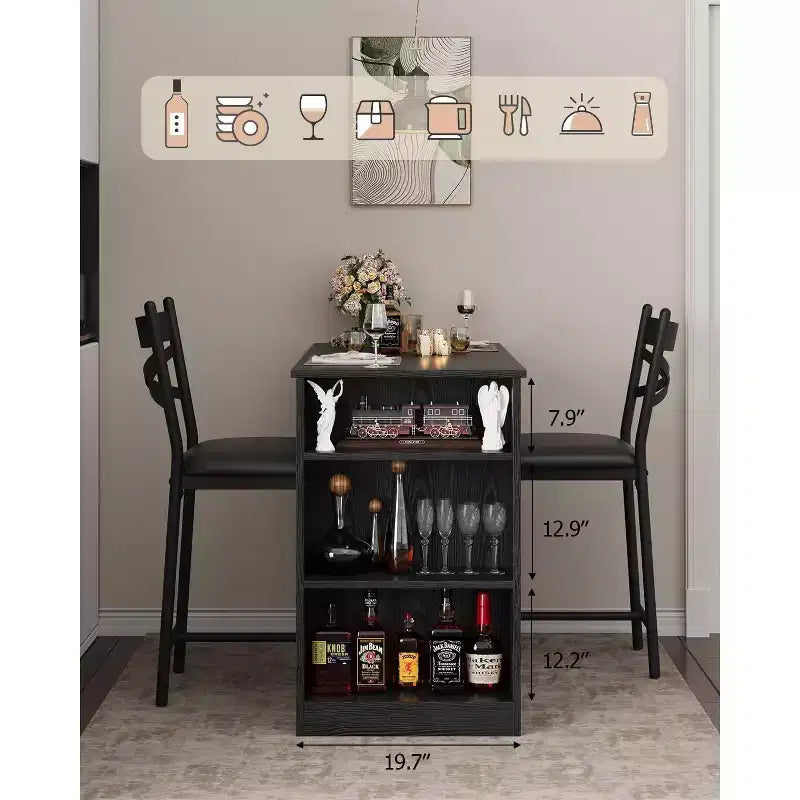 3-delige bartafelset voor 2 personen, bartafel- en stoelenset met opklapbare verlenging, eettafelset met opbergplanken