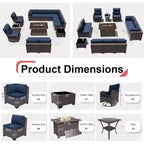 ALAULM 13 Pieces Patio Furniture Set, Rattan Wicker Outdoor Conversation Sets w/43in Propane Fire Pit Table, Swivel Rocking Chairs