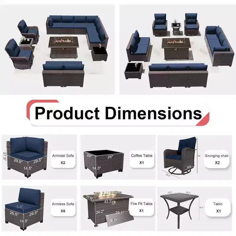 ALAULM 13 Pieces Patio Furniture Set, Rattan Wicker Outdoor Conversation Sets w/43in Propane Fire Pit Table, Swivel Rocking Chairs