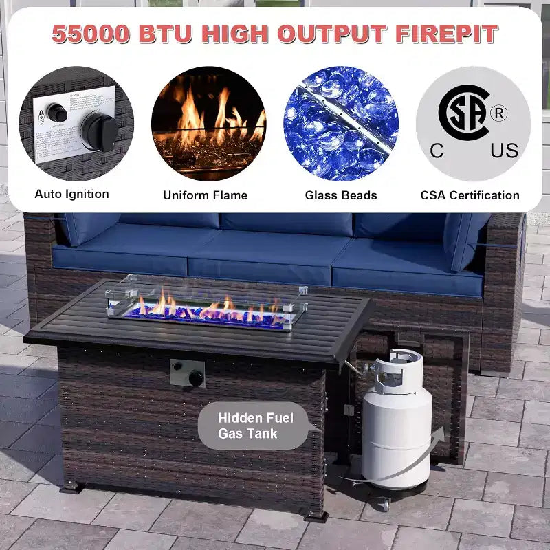 ALAULM 13 Pieces Patio Furniture Set, Rattan Wicker Outdoor Conversation Sets w/43in Propane Fire Pit Table, Swivel Rocking Chairs