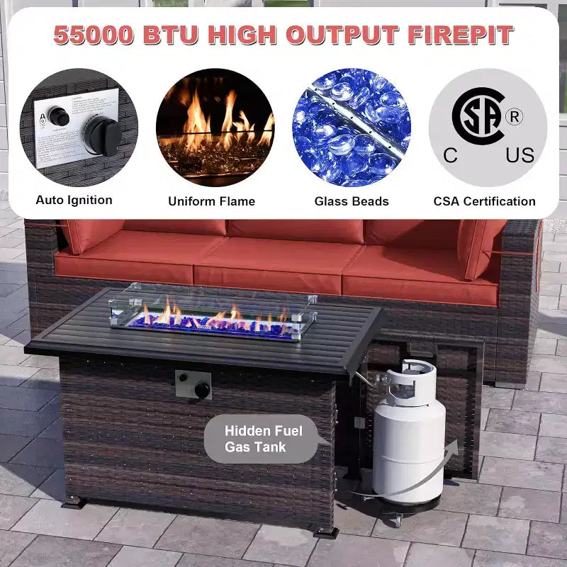 ALAULM 13 Pieces Patio Furniture Set, Rattan Wicker Outdoor Conversation Sets w/43in Propane Fire Pit Table, Swivel Rocking Chairs