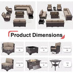 ALAULM 13 Pieces Patio Furniture Set, Rattan Wicker Outdoor Conversation Sets w/43in Propane Fire Pit Table, Swivel Rocking Chairs