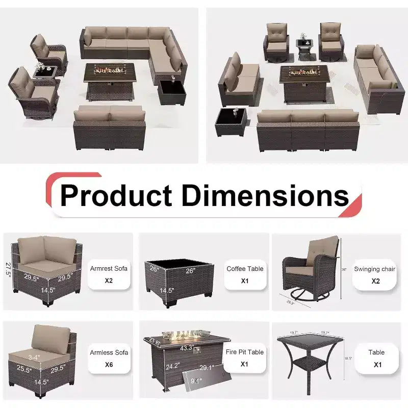 ALAULM 13 Pieces Patio Furniture Set, Rattan Wicker Outdoor Conversation Sets w/43in Propane Fire Pit Table, Swivel Rocking Chairs