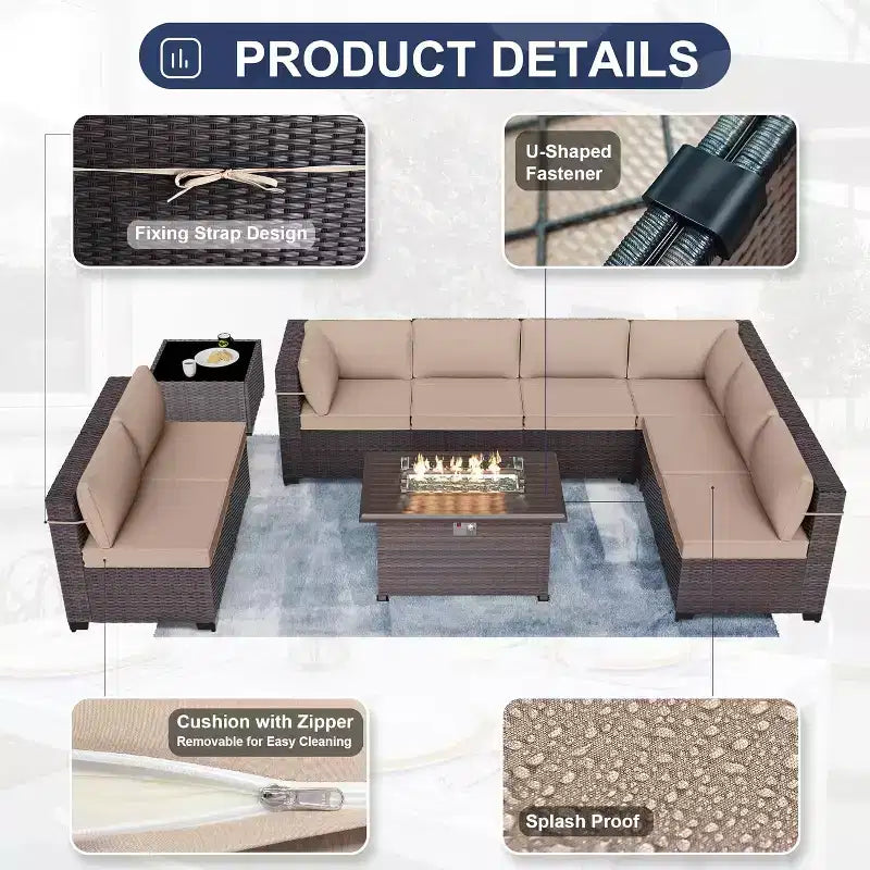 ALAULM 13 Pieces Patio Furniture Set, Rattan Wicker Outdoor Conversation Sets w/43in Propane Fire Pit Table, Swivel Rocking Chairs