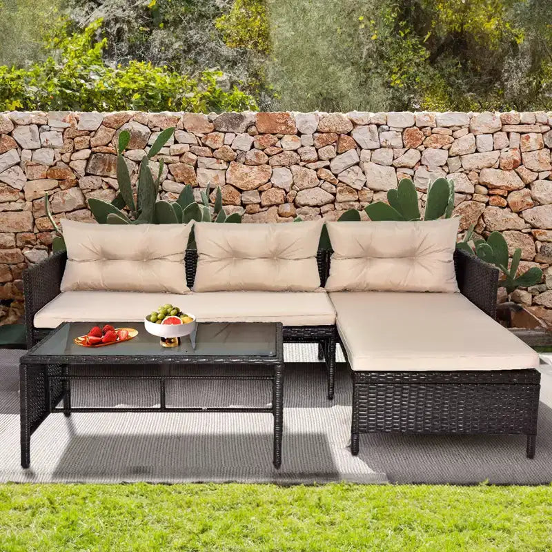 Karl Home Brown Wicker Outdoor Sectional Set with Beige Cushions