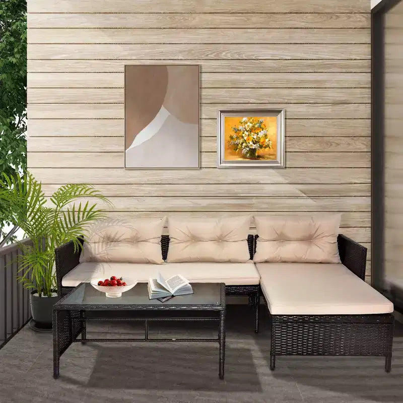 Karl Home bruine loungeset van wicker voor buiten met beige kussens