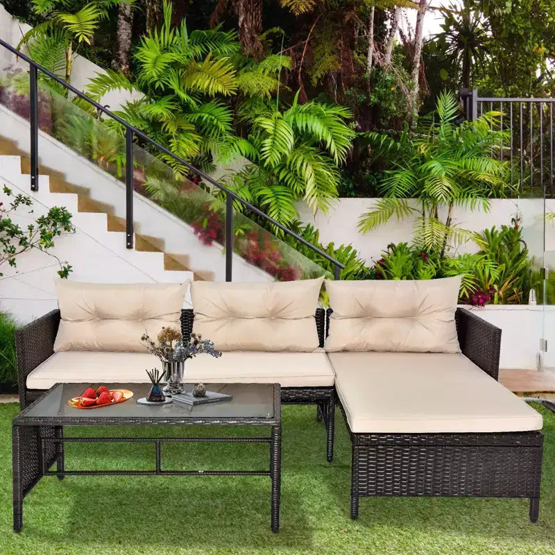 Karl Home bruine loungeset van wicker voor buiten met beige kussens