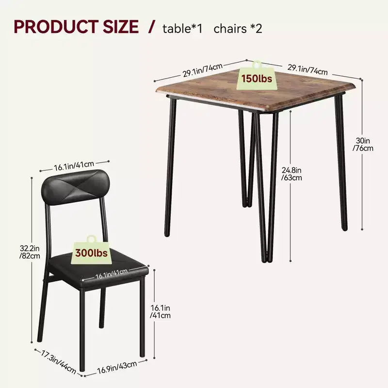 Eettafelset van 3 delen met 2 gestoffeerde stoelen