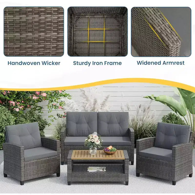 Heynemo 4-delige loungeset voor de patio, weerbestendige wicker loungeset met salontafel met 2 niveaus, buitenbank