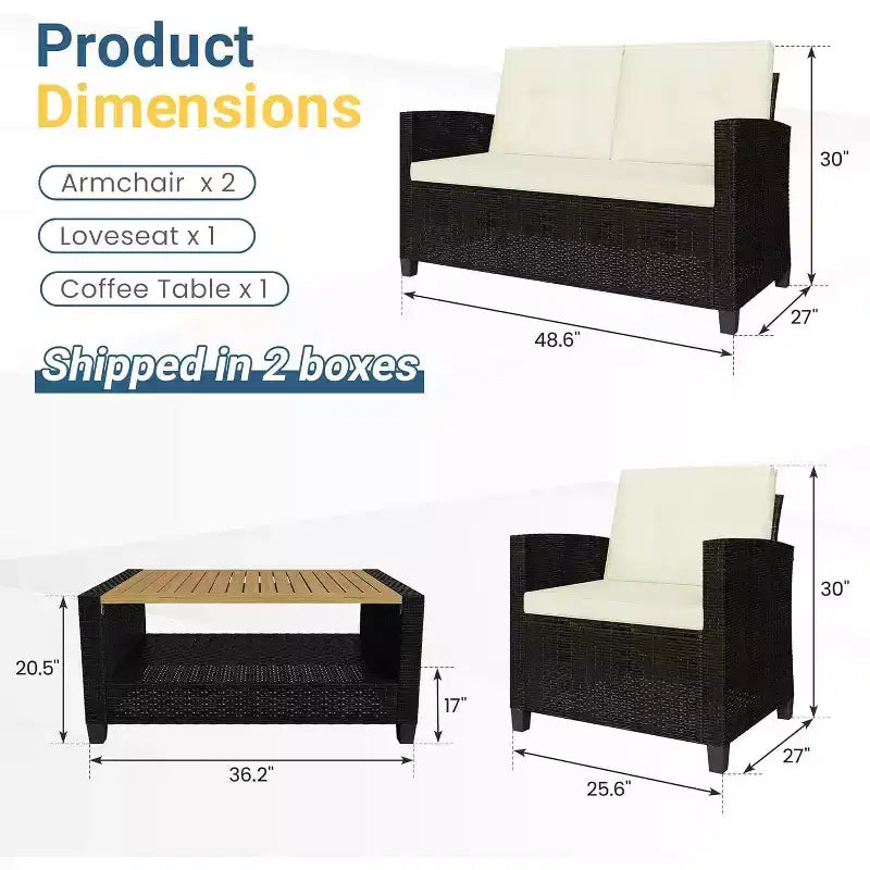 Heynemo 4-delige loungeset voor de patio, weerbestendige wicker loungeset met salontafel met 2 niveaus, buitenbank