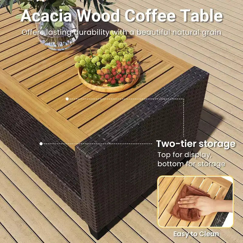 Heynemo 4-delige loungeset voor de patio, weerbestendige wicker loungeset met salontafel met 2 niveaus, buitenbank