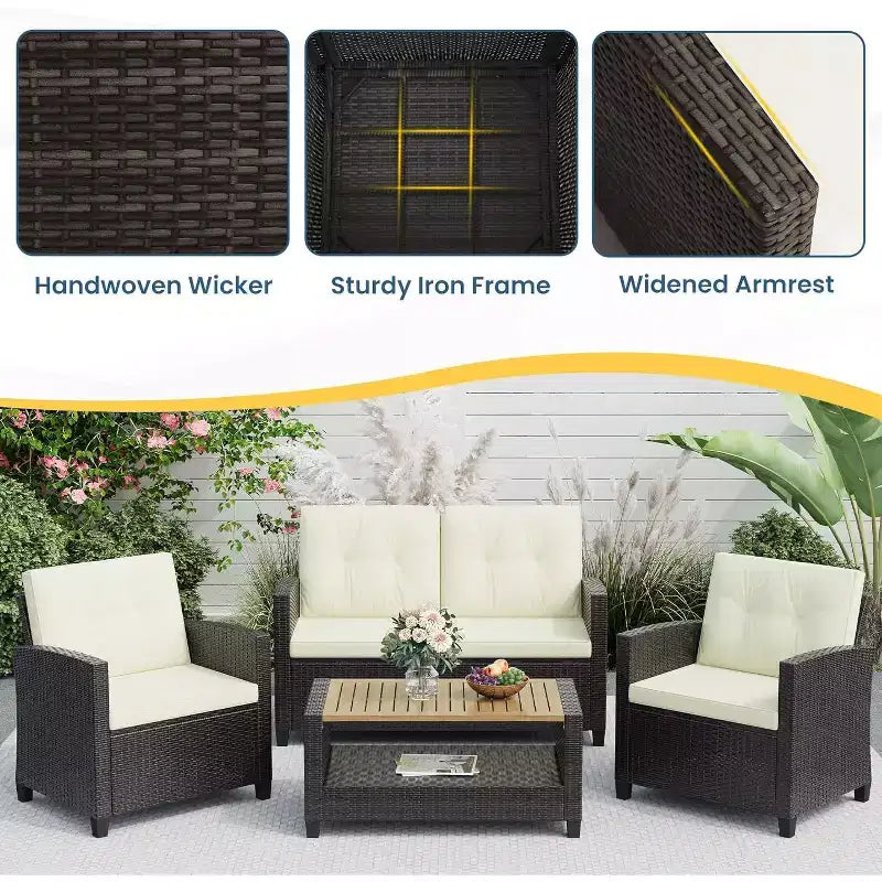 Heynemo 4-delige loungeset voor de patio, weerbestendige wicker loungeset met salontafel met 2 niveaus, buitenbank