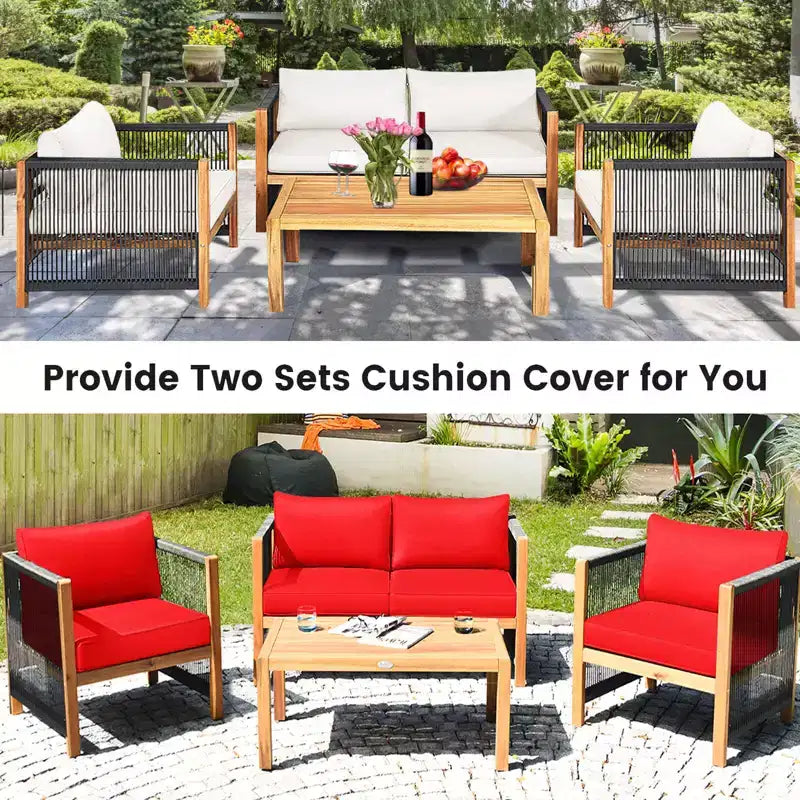 Costway 4 PCS Wood Outdoor Patio Furniture Set with Cushions White Red Cushion Cover Sets White+Red/Turquoise