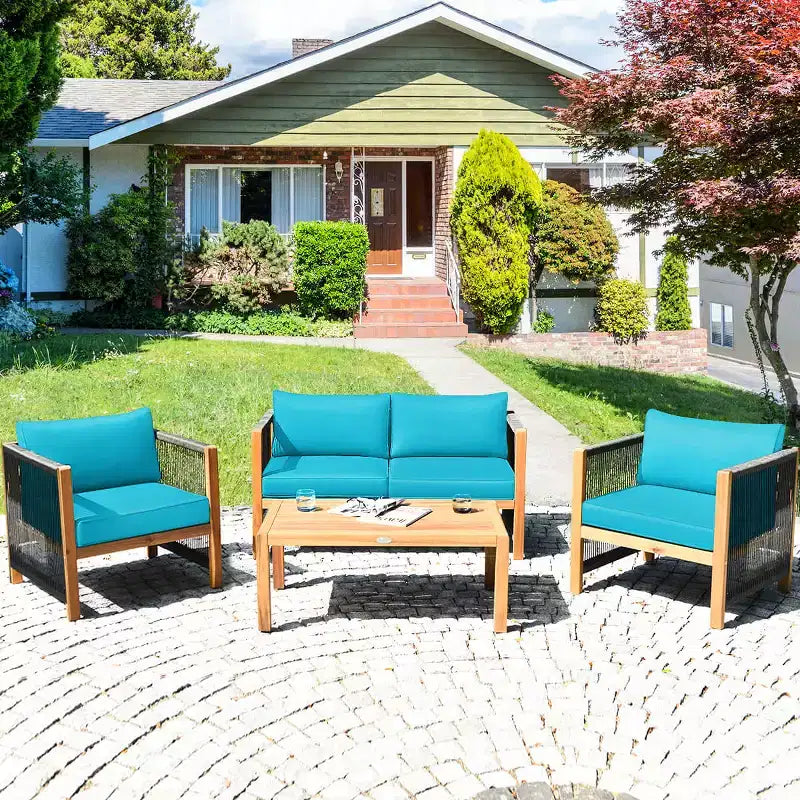 Costway 4 PCS Wood Outdoor Patio Furniture Set with Cushions White Red Cushion Cover Sets White+Red/Turquoise