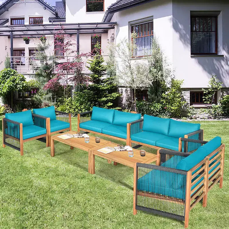 Costway 4 PCS Wood Outdoor Patio Furniture Set with Cushions White Red Cushion Cover Sets White+Red/Turquoise