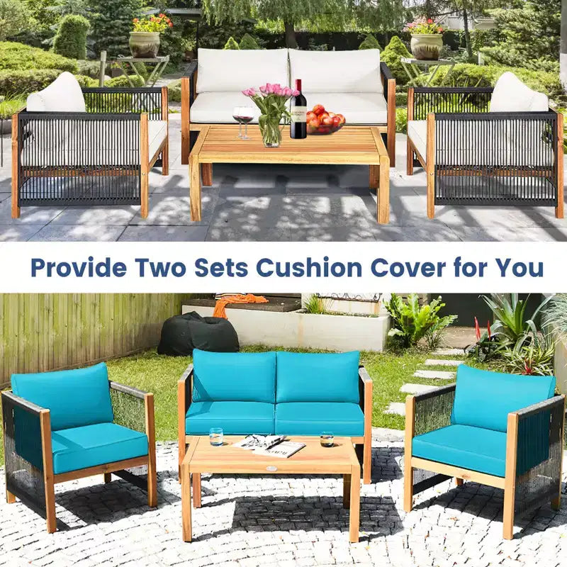 Costway 4 PCS Wood Outdoor Patio Furniture Set with Cushions White Red Cushion Cover Sets White+Red/Turquoise