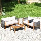 Costway 4 PCS Wood Outdoor Patio Furniture Set with Cushions White Red Cushion Cover Sets White+Red/Turquoise