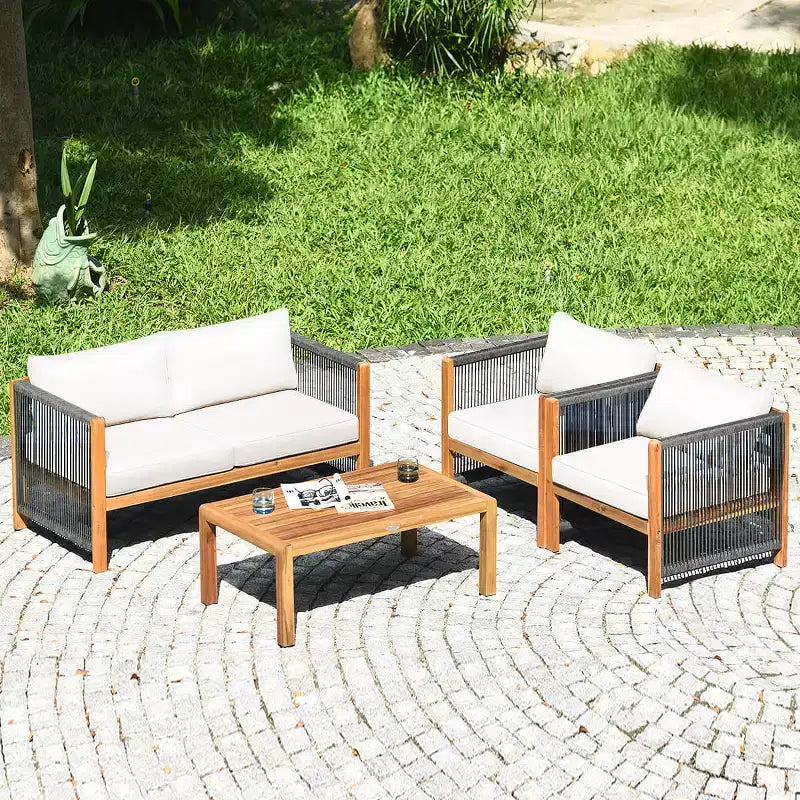 Costway 4 PCS Wood Outdoor Patio Furniture Set with Cushions White Red Cushion Cover Sets White+Red/Turquoise