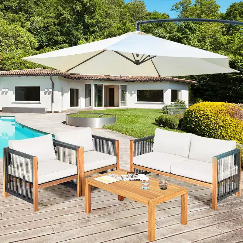 Costway 4 PCS Wood Outdoor Patio Furniture Set with Cushions White Red Cushion Cover Sets White+Red/Turquoise