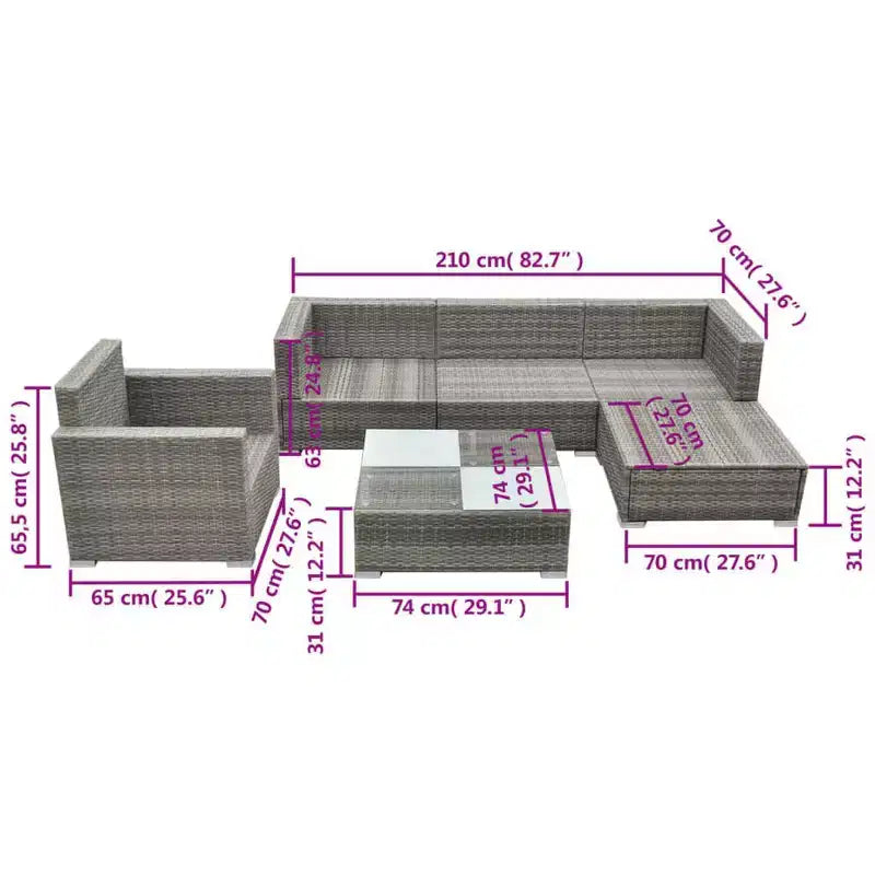 vidaXL 6-Piece Patio Lounge Set - Outdoor Sofa Set with Cushions and Tea Table - Gray Poly Rattan