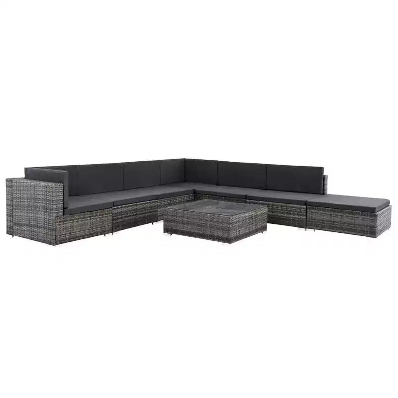 vidaXL grijze loungeset voor buiten met 8 delen – polyrotan lounge met kussens, hoek- en middenbanken, salontafel en hocker – tuinmeubelen voor binnen en buiten