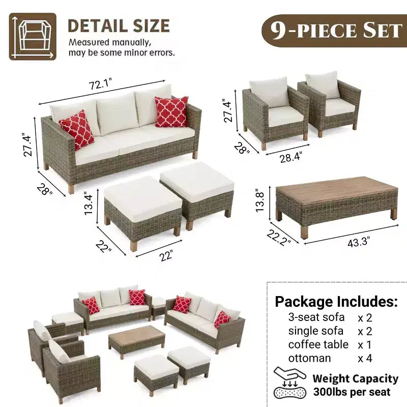 9-delige loungeset voor buiten met kussens en salontafel