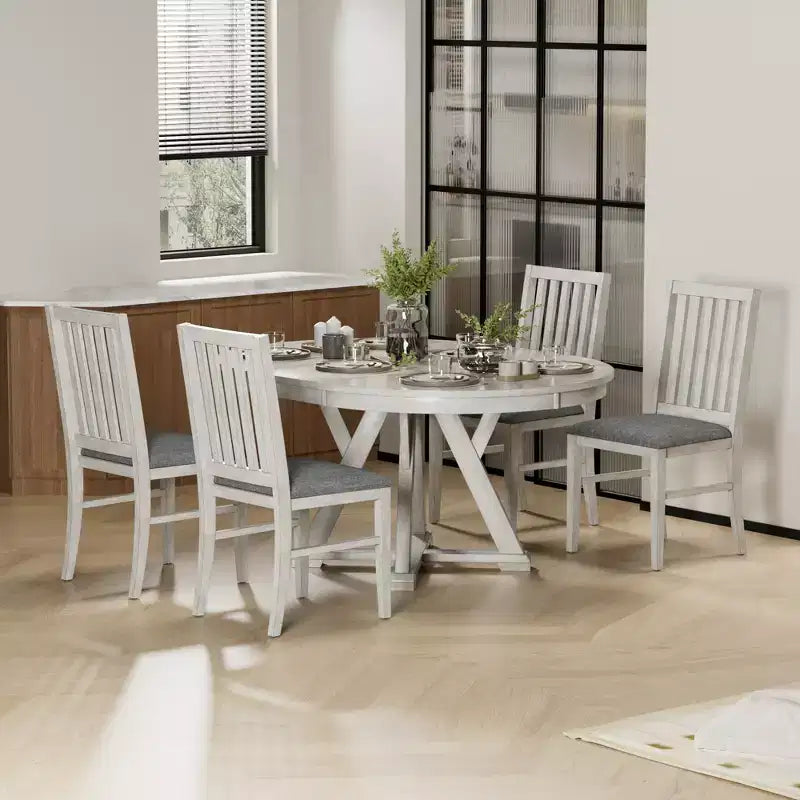 VECELO ronde uitschuifbare eetkamertafelset, tafel van rubberhout met 4/6 armloze gestoffeerde eetkamerstoelen voor de keuken, grijs