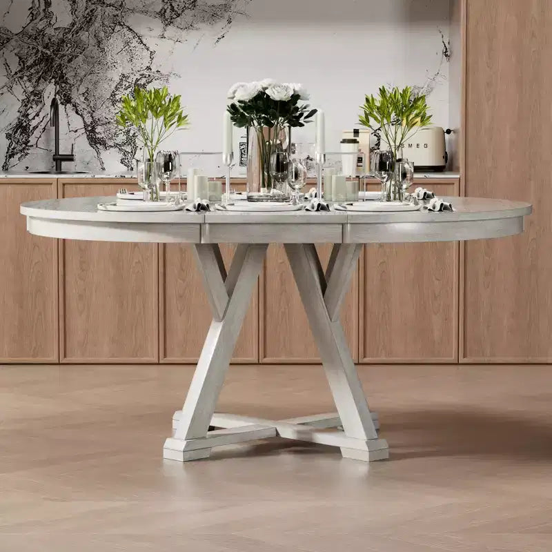VECELO ronde uitschuifbare eetkamertafelset, tafel van rubberhout met 4/6 armloze gestoffeerde eetkamerstoelen voor de keuken, grijs