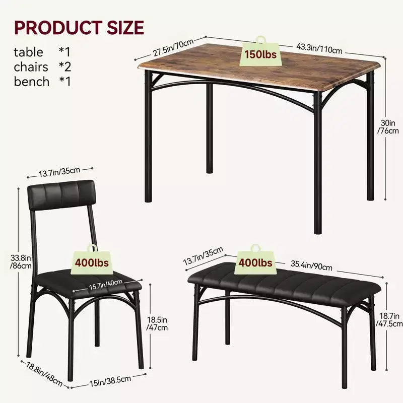 Eettafelset voor 4 personen, keukentafel met 2 gestoffeerde stoelen en 1 bank, rechthoekige houten eettafelset met stoelen voor kleine ruimtes