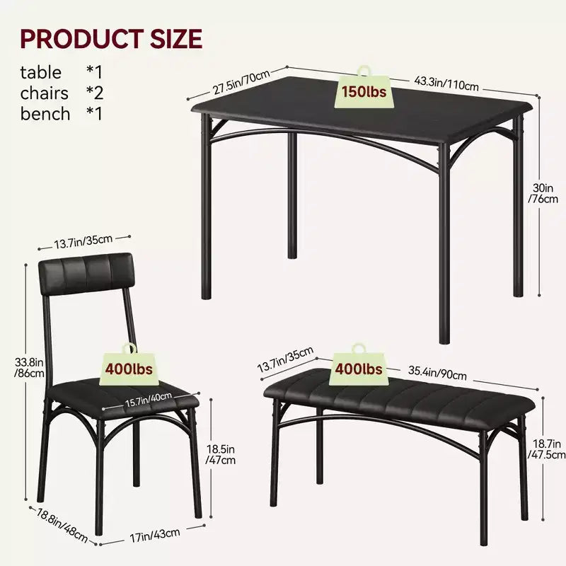 Eettafelset voor 4 personen, keukentafel met 2 gestoffeerde stoelen en 1 bank, rechthoekige houten eettafelset met stoelen voor kleine ruimtes