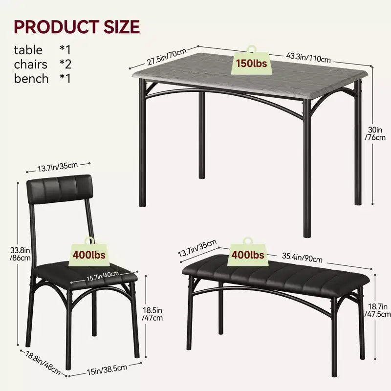 Eettafelset voor 4 personen, keukentafel met 2 gestoffeerde stoelen en 1 bank, rechthoekige houten eettafelset met stoelen voor kleine ruimtes