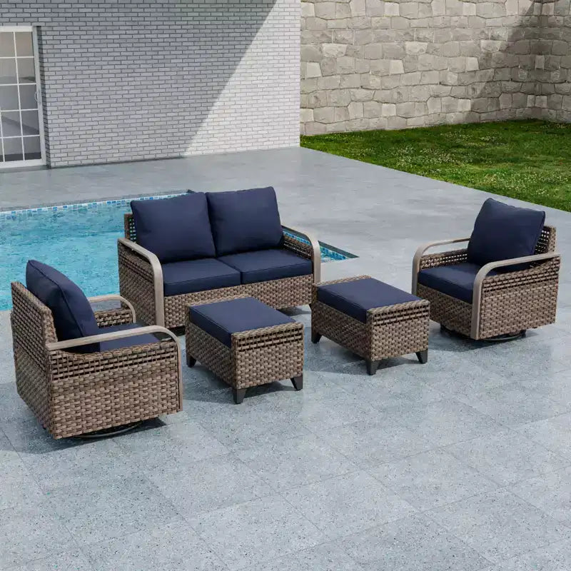 EAGLE PEAK Wicker Outdoor Patio Conversation Set, 2 Swivel Rocking Chairs, 2-Seat Loveseat and 2 Ottomans, 5 Pieces