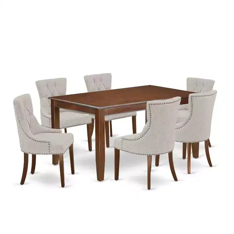 HomeStock 7-delige keukentafelset met mahoniekleurige linnen Parsons-stoelen