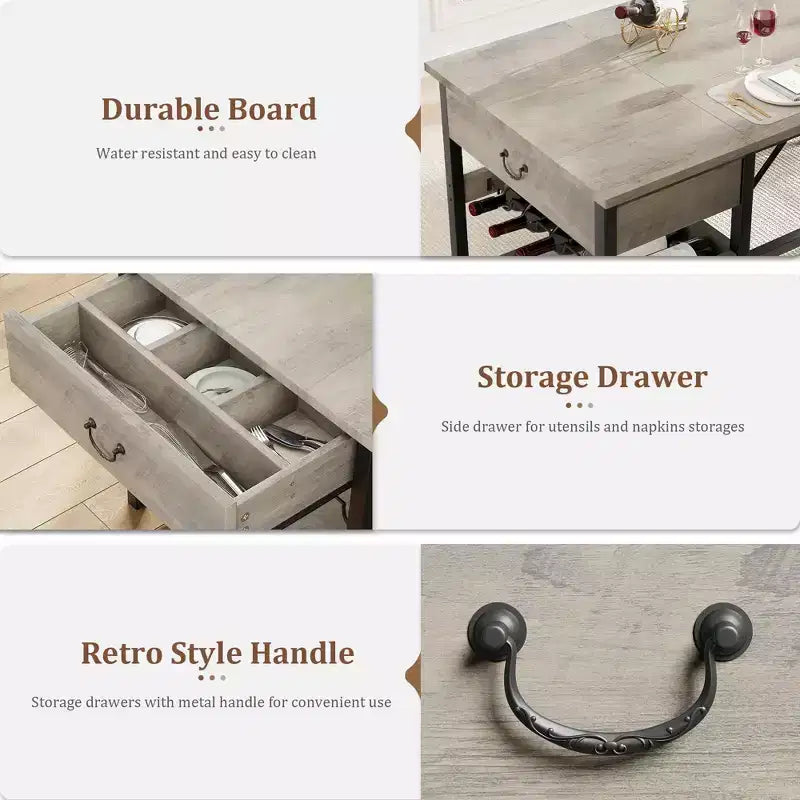 Dining Table Set for 4, Dining Room Table with Storage Drawers & Wine Rack, Kitchen Dining Table Set with Upholstered Benches for Dining Room-Grey