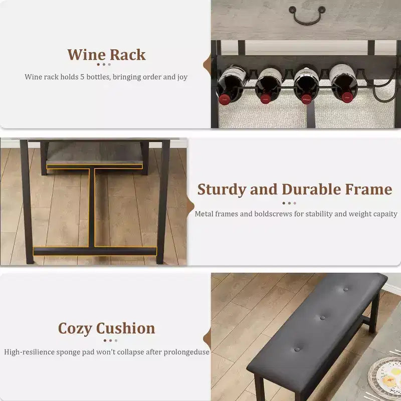 Dining Table Set for 4, Dining Room Table with Storage Drawers & Wine Rack, Kitchen Dining Table Set with Upholstered Benches for Dining Room-Grey