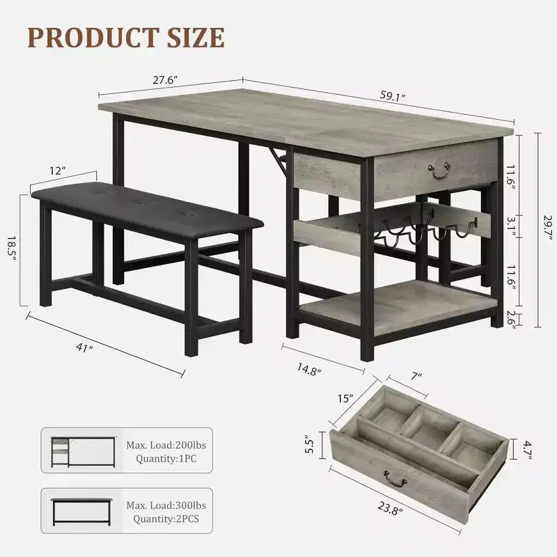 Dining Table Set for 4, Dining Room Table with Storage Drawers & Wine Rack, Kitchen Dining Table Set with Upholstered Benches for Dining Room-Grey