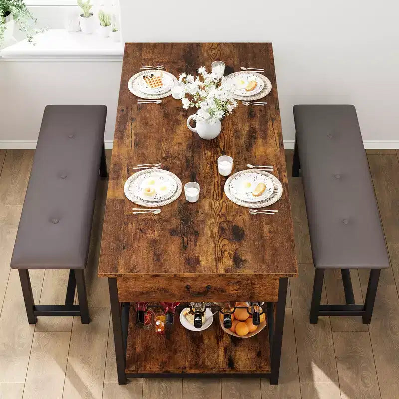 Dining Table Set for 4, Dining Room Table with Storage Drawers & Wine Rack, Kitchen Dining Table Set with Upholstered Benches for Dining Room-Grey