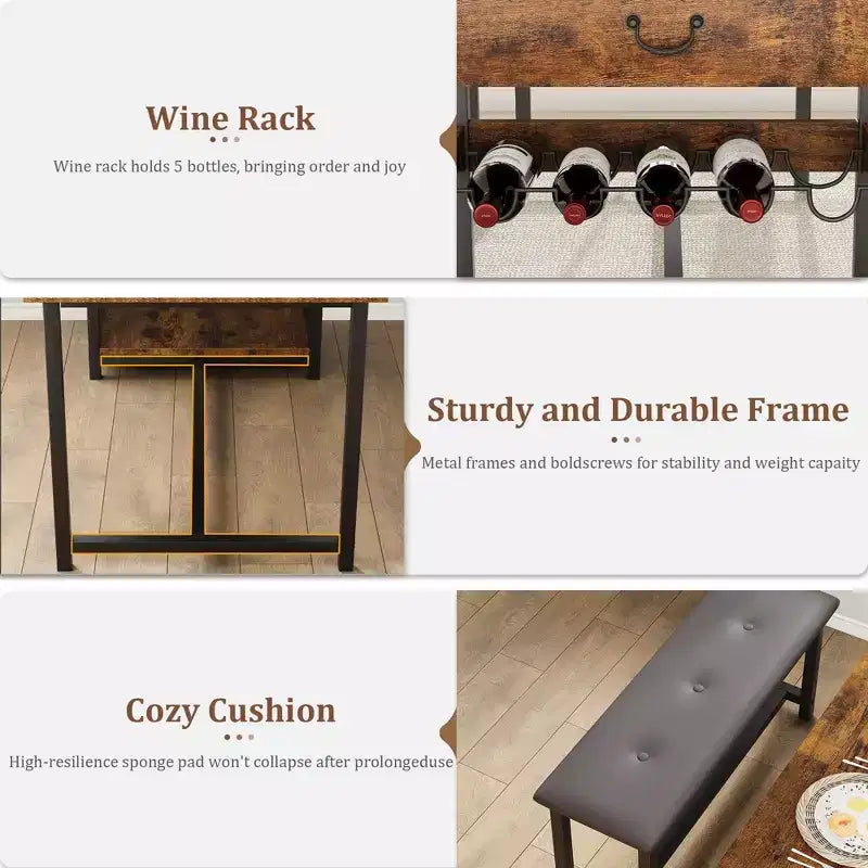 Dining Table Set for 4, Dining Room Table with Storage Drawers & Wine Rack, Kitchen Dining Table Set with Upholstered Benches for Dining Room-Grey