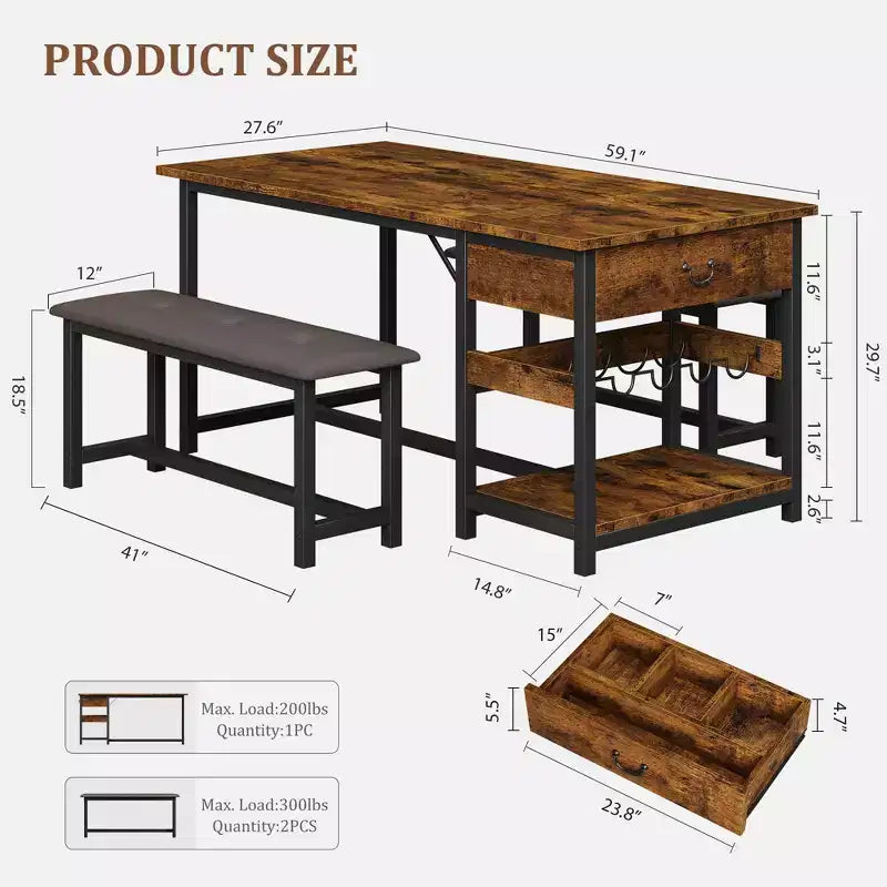 Dining Table Set for 4, Dining Room Table with Storage Drawers & Wine Rack, Kitchen Dining Table Set with Upholstered Benches for Dining Room-Grey