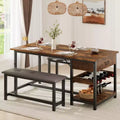 Dining Table Set for 4, Dining Room Table with Storage Drawers & Wine Rack, Kitchen Dining Table Set with Upholstered Benches for Dining Room-Grey