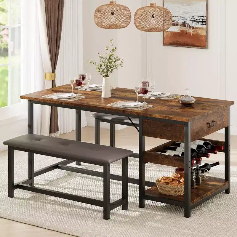 Dining Table Set for 4, Dining Room Table with Storage Drawers & Wine Rack, Kitchen Dining Table Set with Upholstered Benches for Dining Room-Grey
