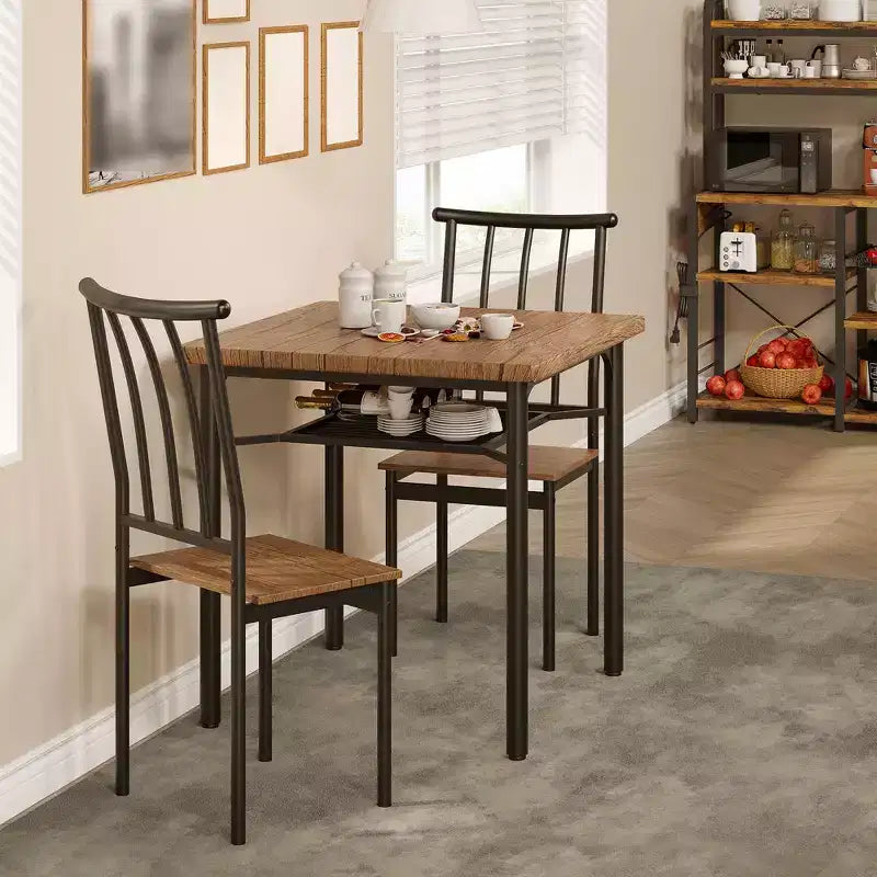 Dining Table Set for 2, Square Kitchen Table Set with 2 Stools & Storage Rack, Wooden Breakfast Table for Living Room Small Space