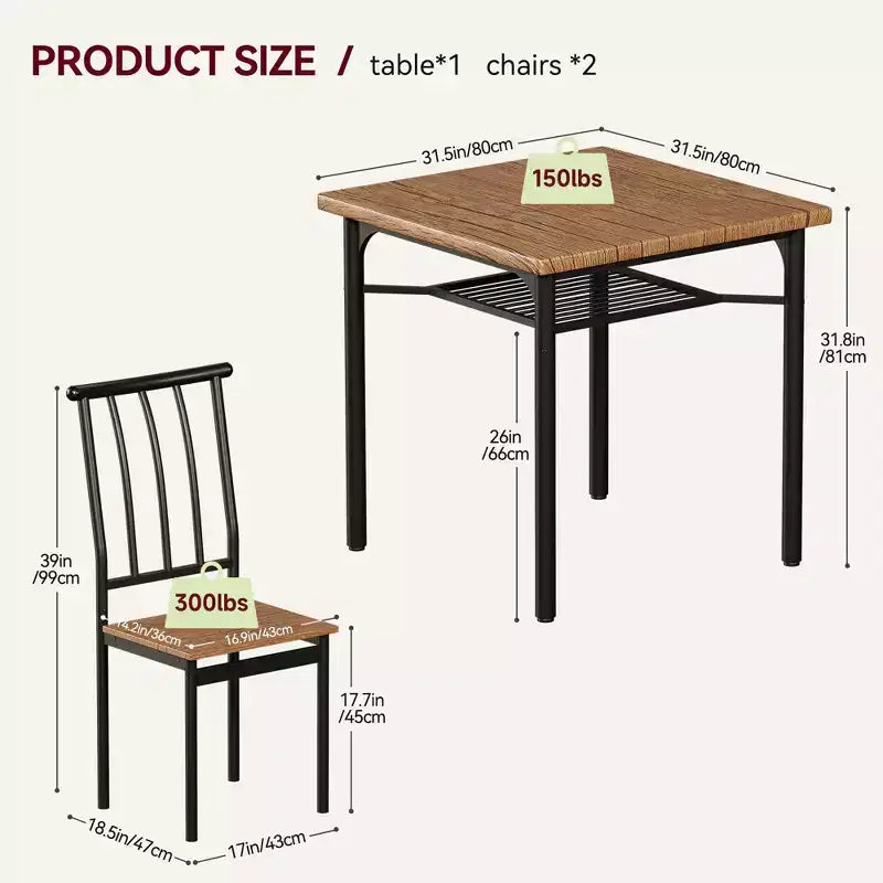 Eetkamerset voor 2 personen, vierkante keukentafel met 2 krukken en opbergrek, houten ontbijttafel voor woonkamer en kleine ruimtes