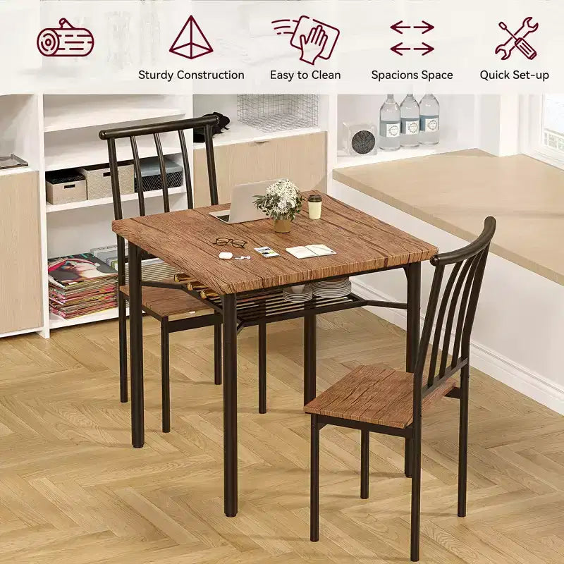 Eetkamerset voor 2 personen, vierkante keukentafel met 2 krukken en opbergrek, houten ontbijttafel voor woonkamer en kleine ruimtes