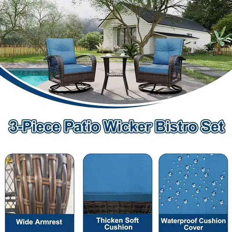 GustoWave 3-delige tuinset met wicker tafel en stoelen, kussens en salontafel voor terras, veranda of zwembad