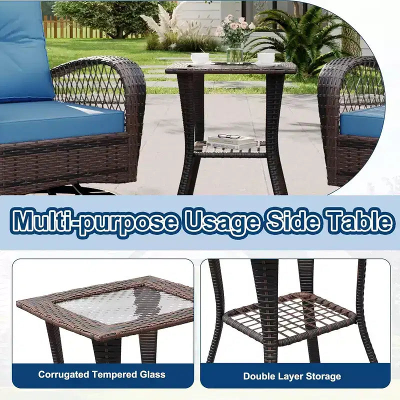 GustoWave 3-delige tuinset met wicker tafel en stoelen, kussens en salontafel voor terras, veranda of zwembad