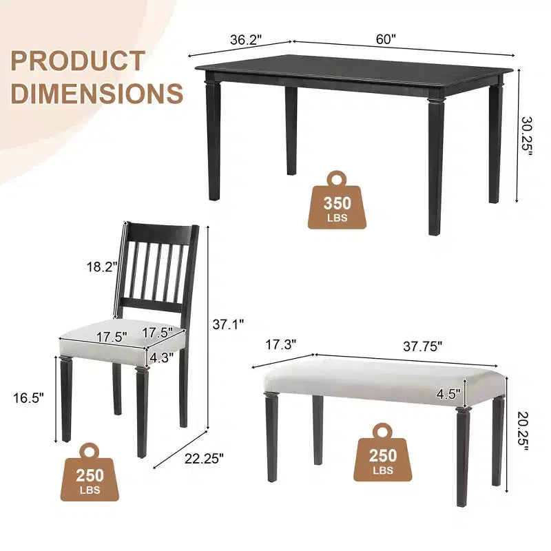 Farmhouse Dining Room Set for 6, 6 Pieces Wooden Rectangular Table and 4 Chairs with Bench for kitchen