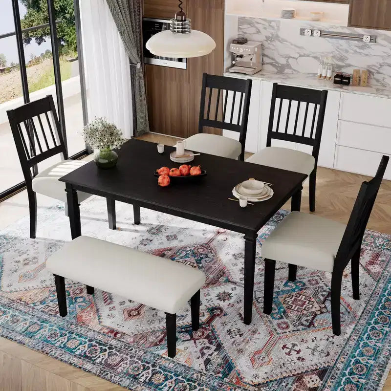 Farmhouse Dining Room Set for 6, 6 Pieces Wooden Rectangular Table and 4 Chairs with Bench for kitchen