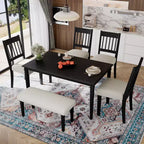 Farmhouse Dining Room Set for 6, 6 Pieces Wooden Rectangular Table and 4 Chairs with Bench for kitchen
